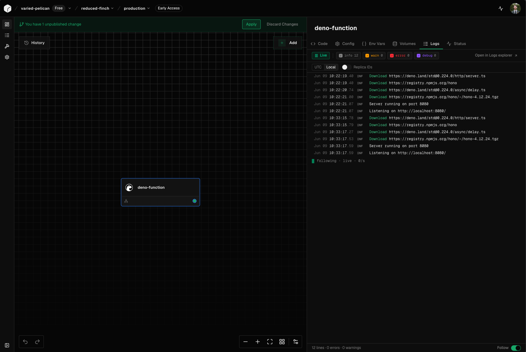 The logs tab in the service sidebar